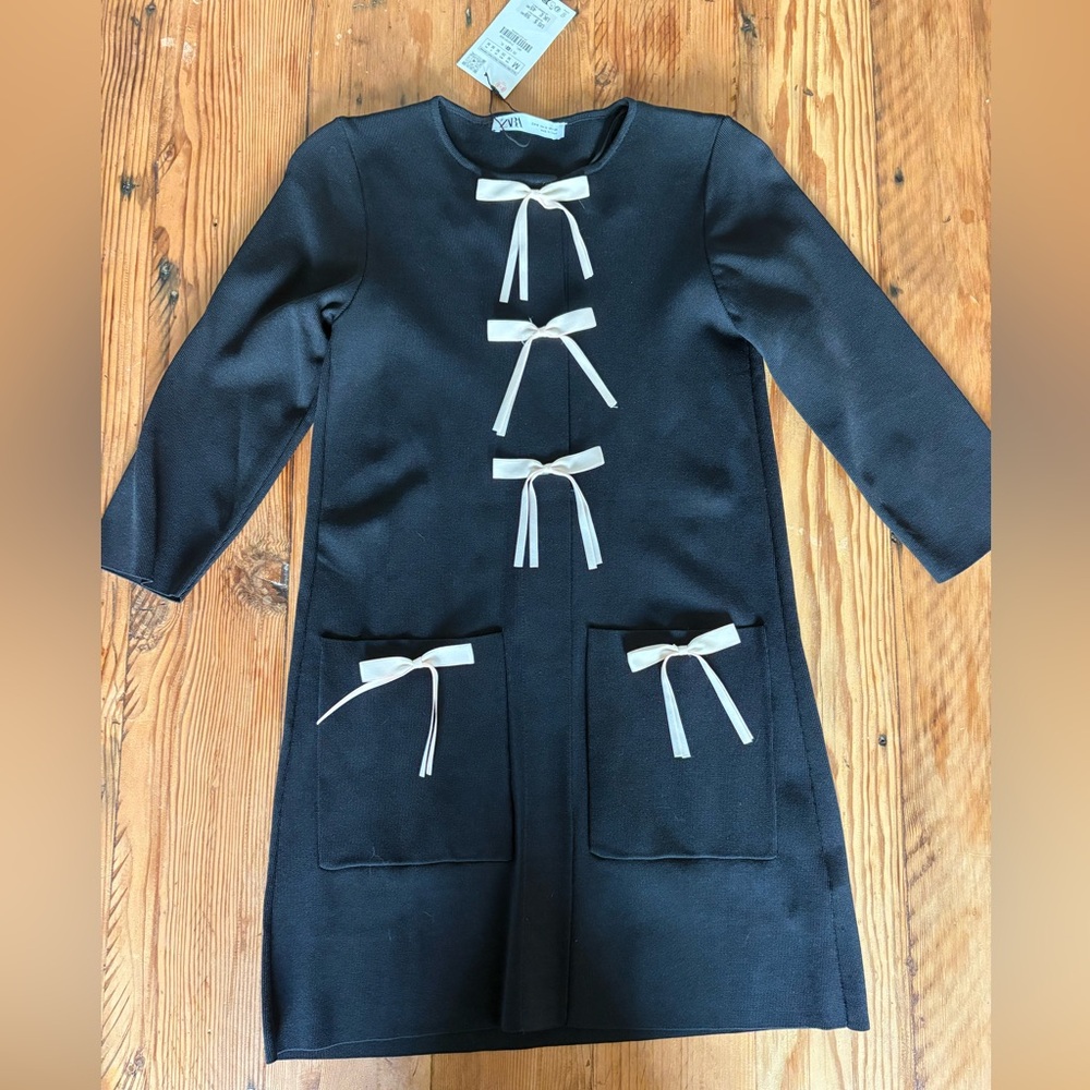 Zara Black Sweater Dress with Bow Accents NWT